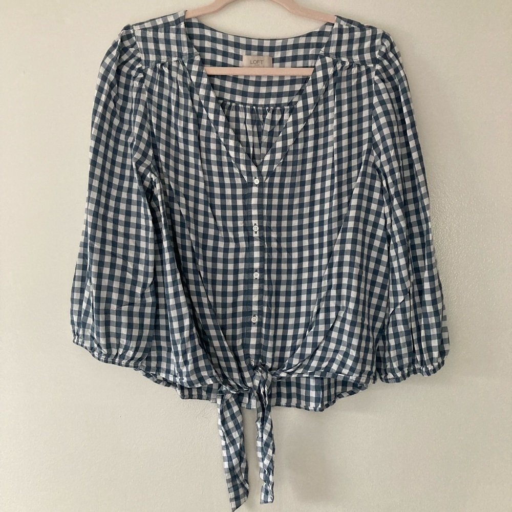 LOFT V neck tie front buffalo plaid blouse